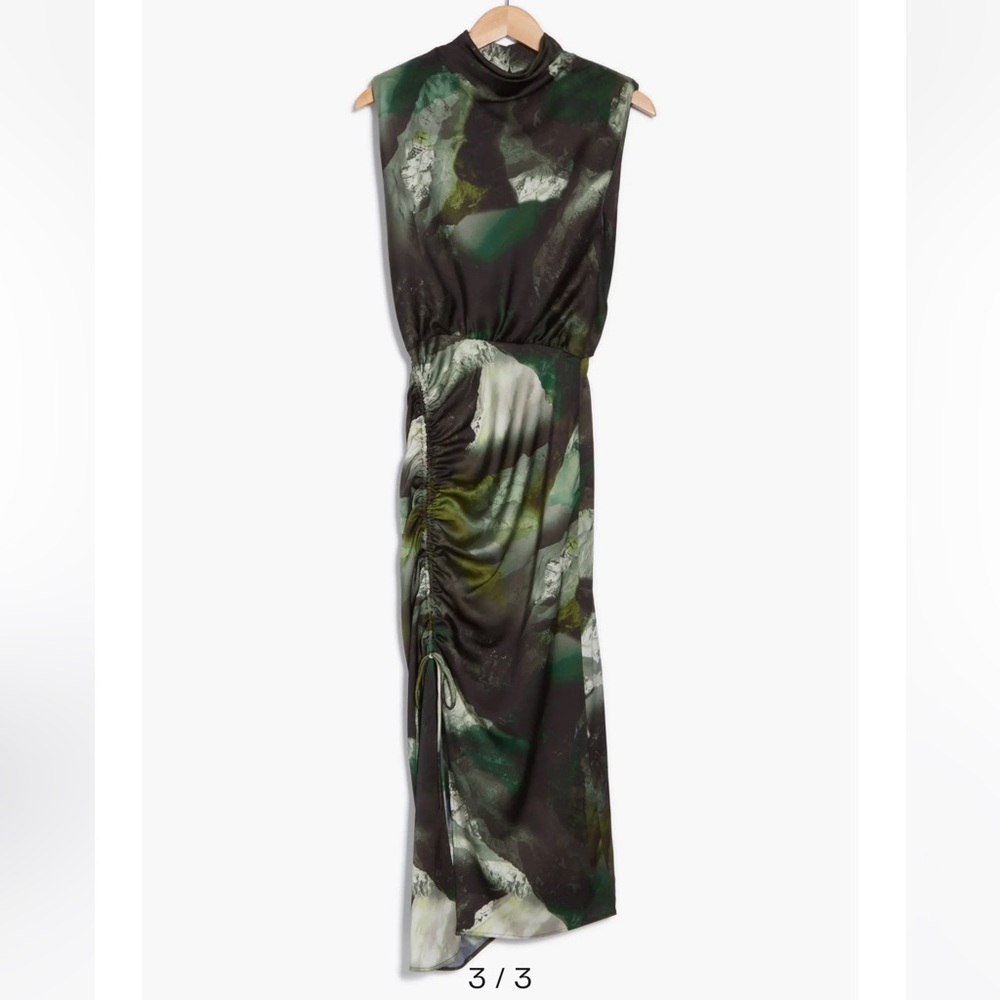 NEW All Saints Isa Black and Green Abstract Midi Dress, Size 2